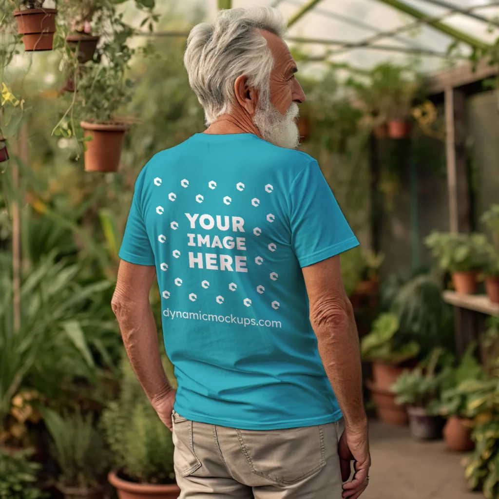 Man Wearing Teal T-shirt Mockup Back View Template