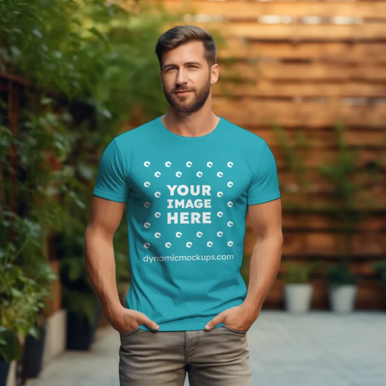 Man Wearing Teal T-shirt Mockup Front View Template