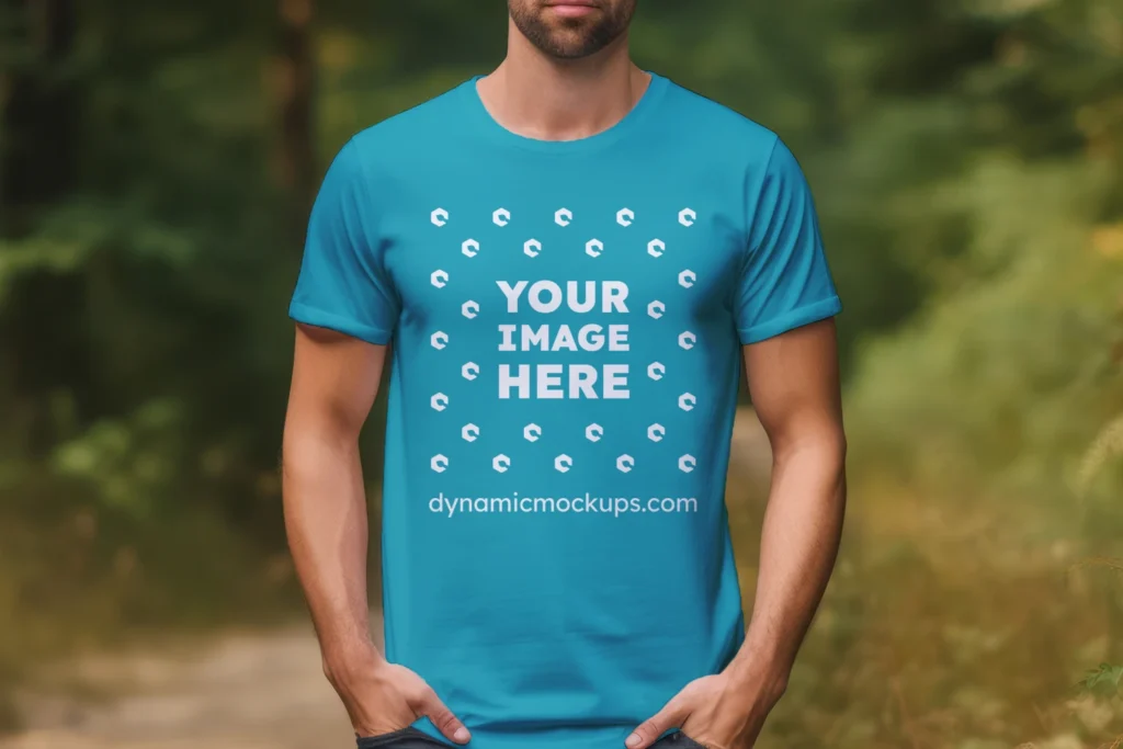 Man Wearing Teal T-shirt Mockup Front View Template