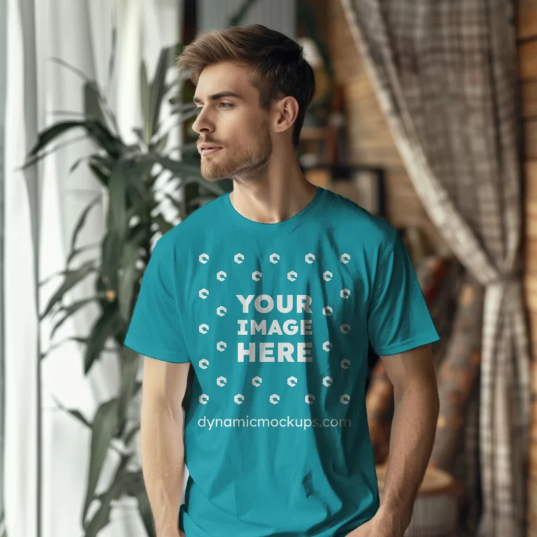 Man Wearing Teal T-shirt Mockup Front View Template