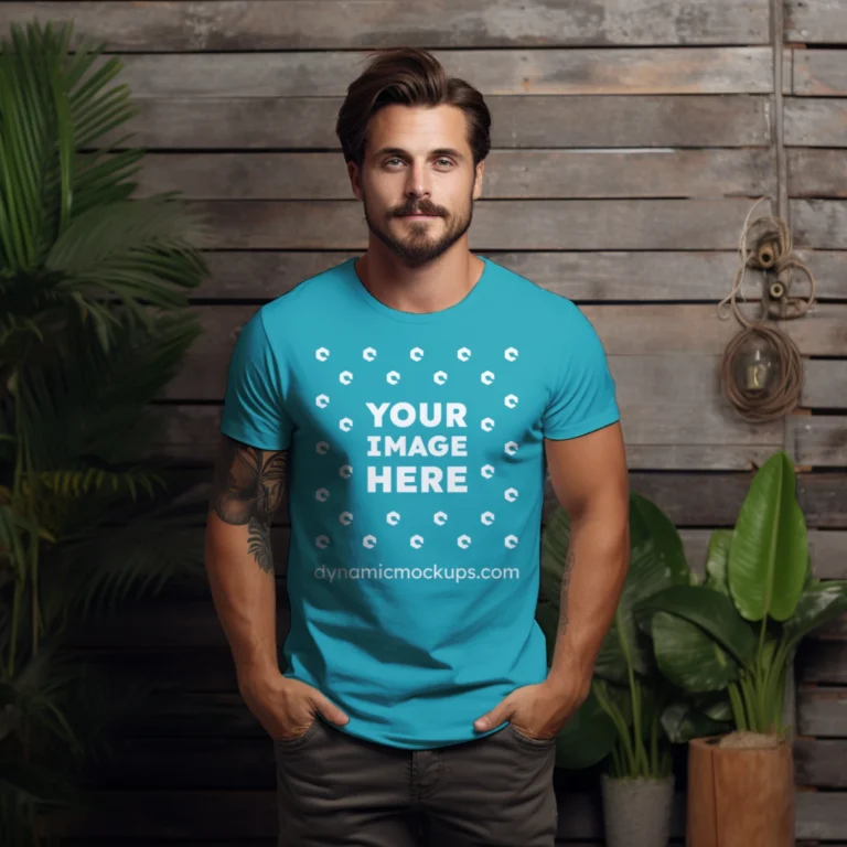 Man Wearing Teal T-shirt Mockup Front View Template