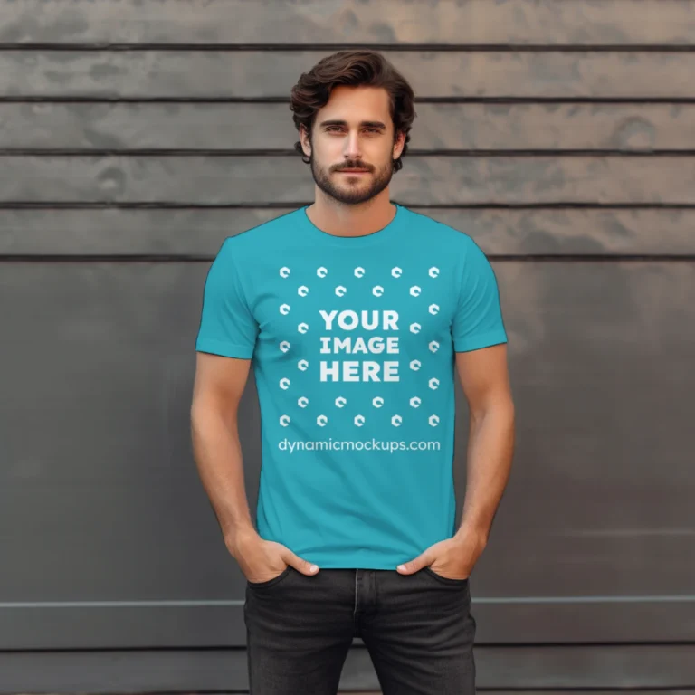 Man Wearing Teal T-shirt Mockup Front View Template