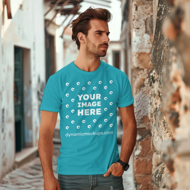 Man Wearing Teal T-shirt Mockup Front View Template