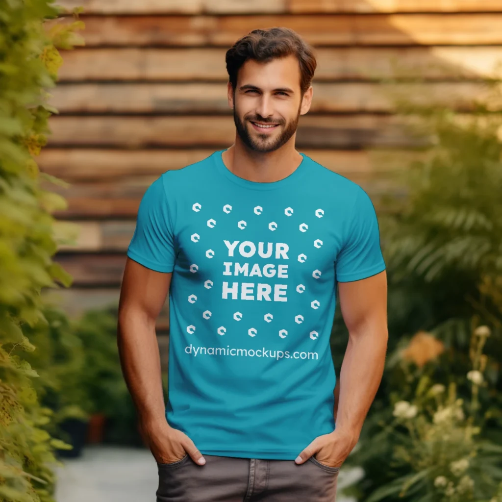 Man Wearing Teal T-shirt Mockup Front View Template