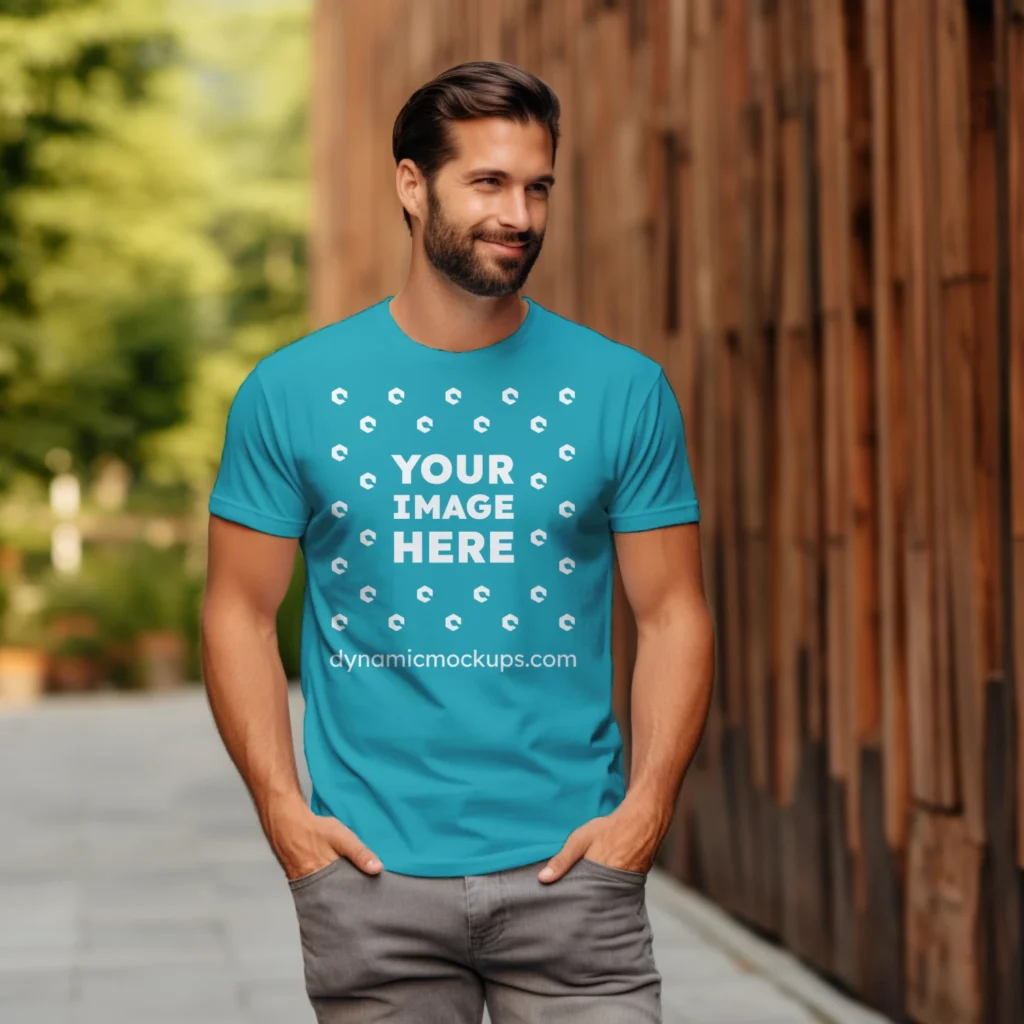 Man Wearing Teal T-shirt Mockup Front View Template