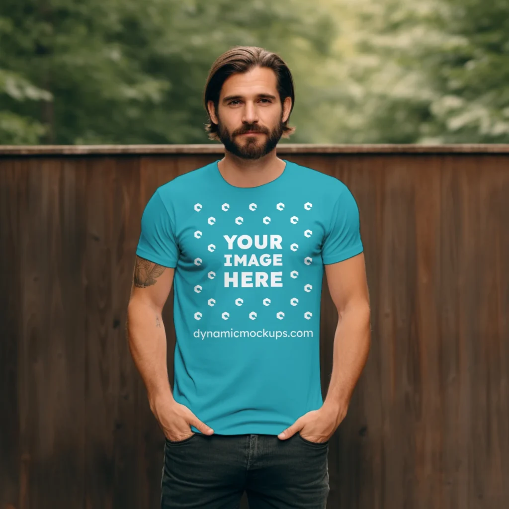 Man Wearing Teal T-shirt Mockup Front View Template