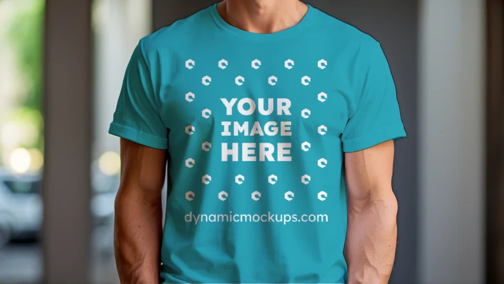 Man Wearing Teal T-shirt Mockup Front View Template