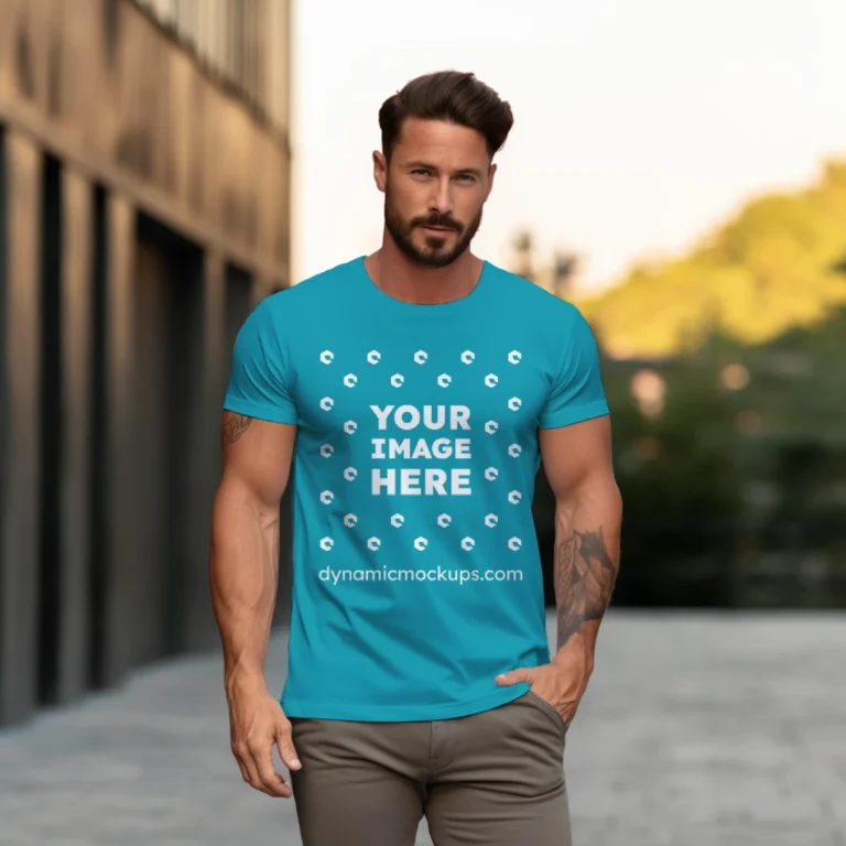 Man Wearing Teal T-shirt Mockup Front View Template