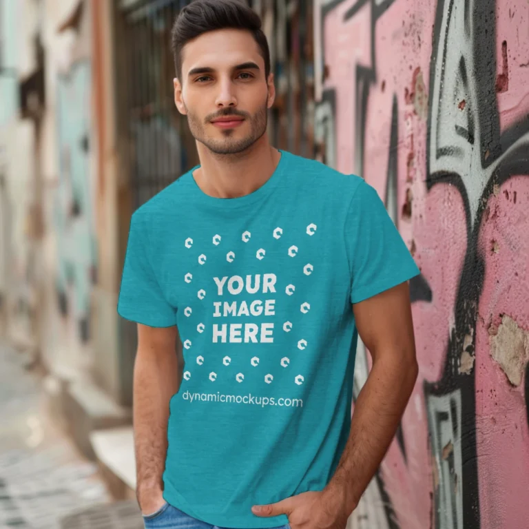 Man Wearing Teal T-shirt Mockup Front View Template