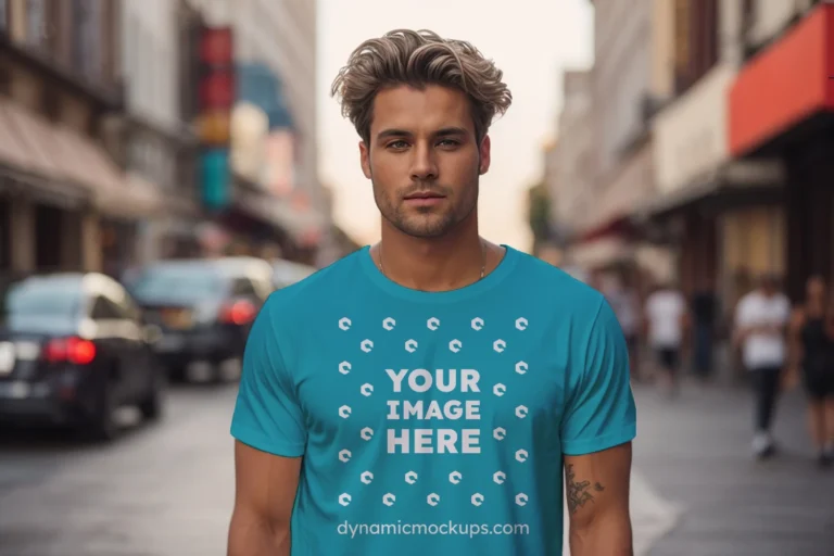 Man Wearing Teal T-shirt Mockup Front View Template