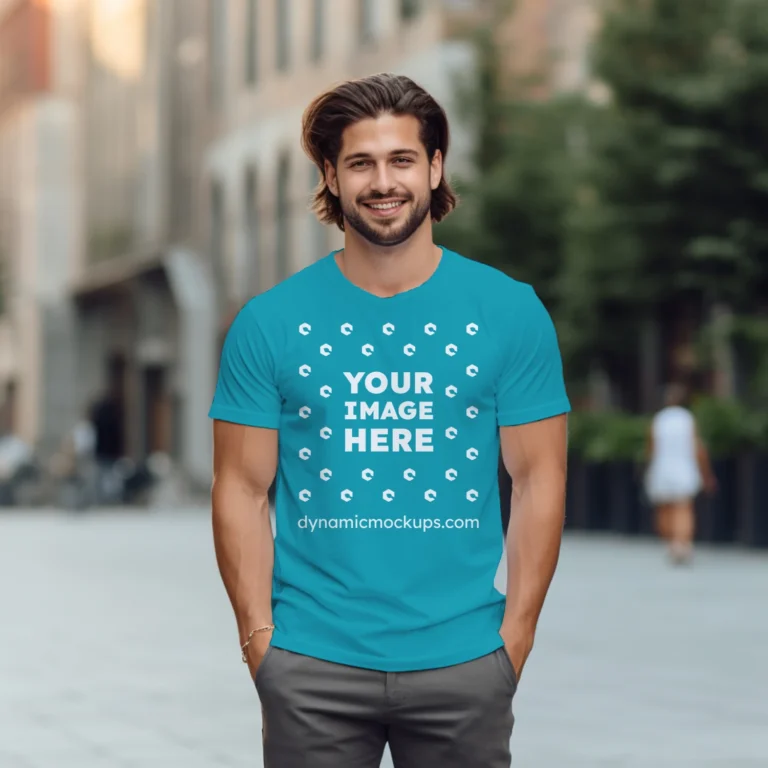 Man Wearing Teal T-shirt Mockup Front View Template