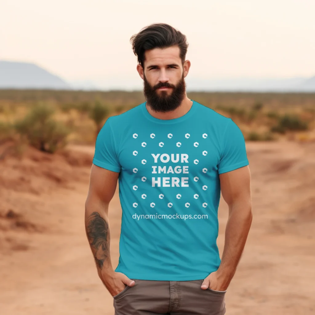 Man Wearing Teal T-shirt Mockup Front View Template