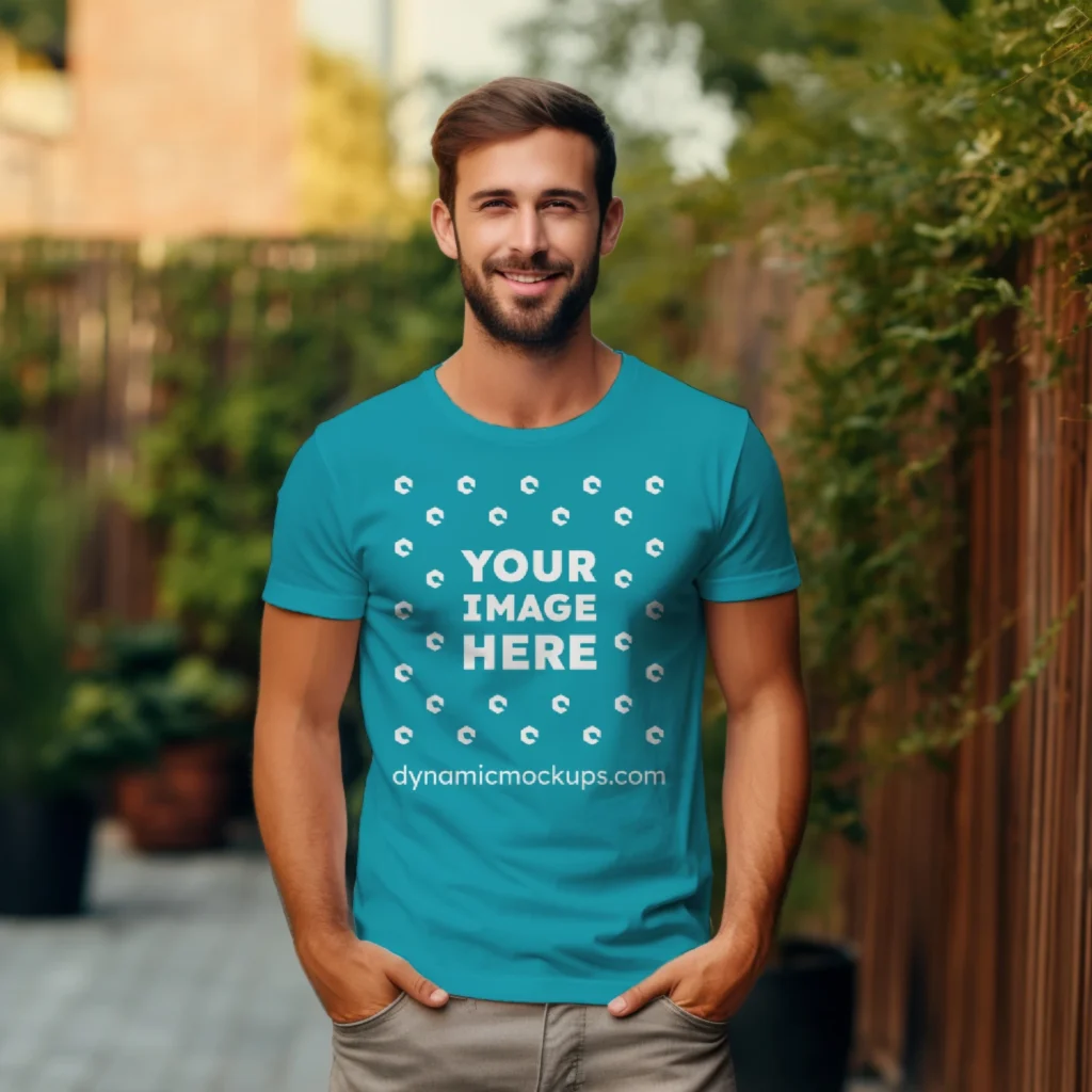 Man Wearing Teal T-shirt Mockup Front View Template