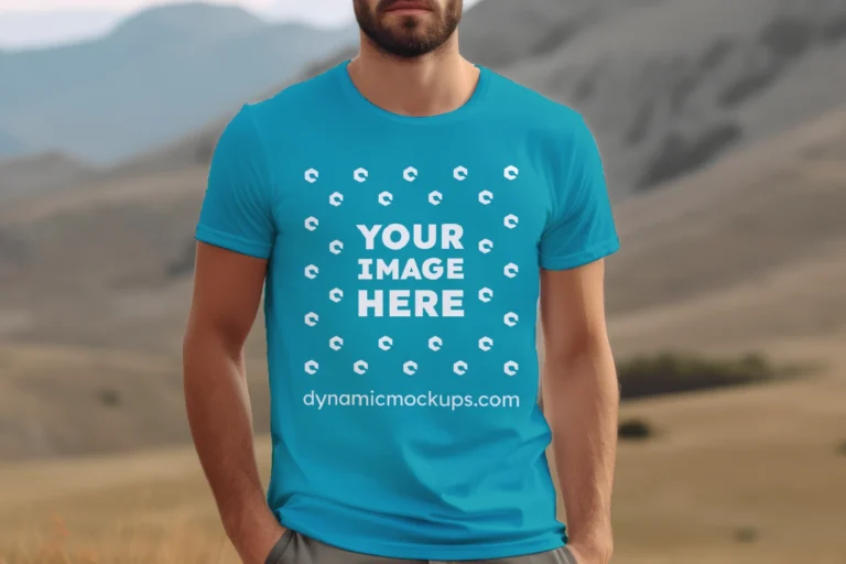 Man Wearing Teal T-shirt Mockup Front View Template