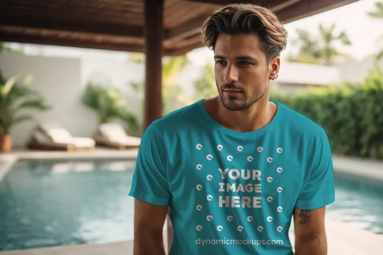 Man Wearing Teal T-shirt Mockup Front View Template