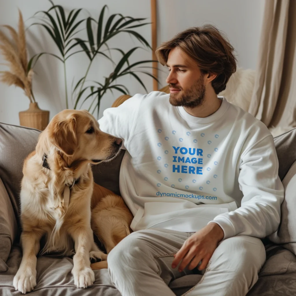 Man Wearing White Sweatshirt Mockup Front View Template