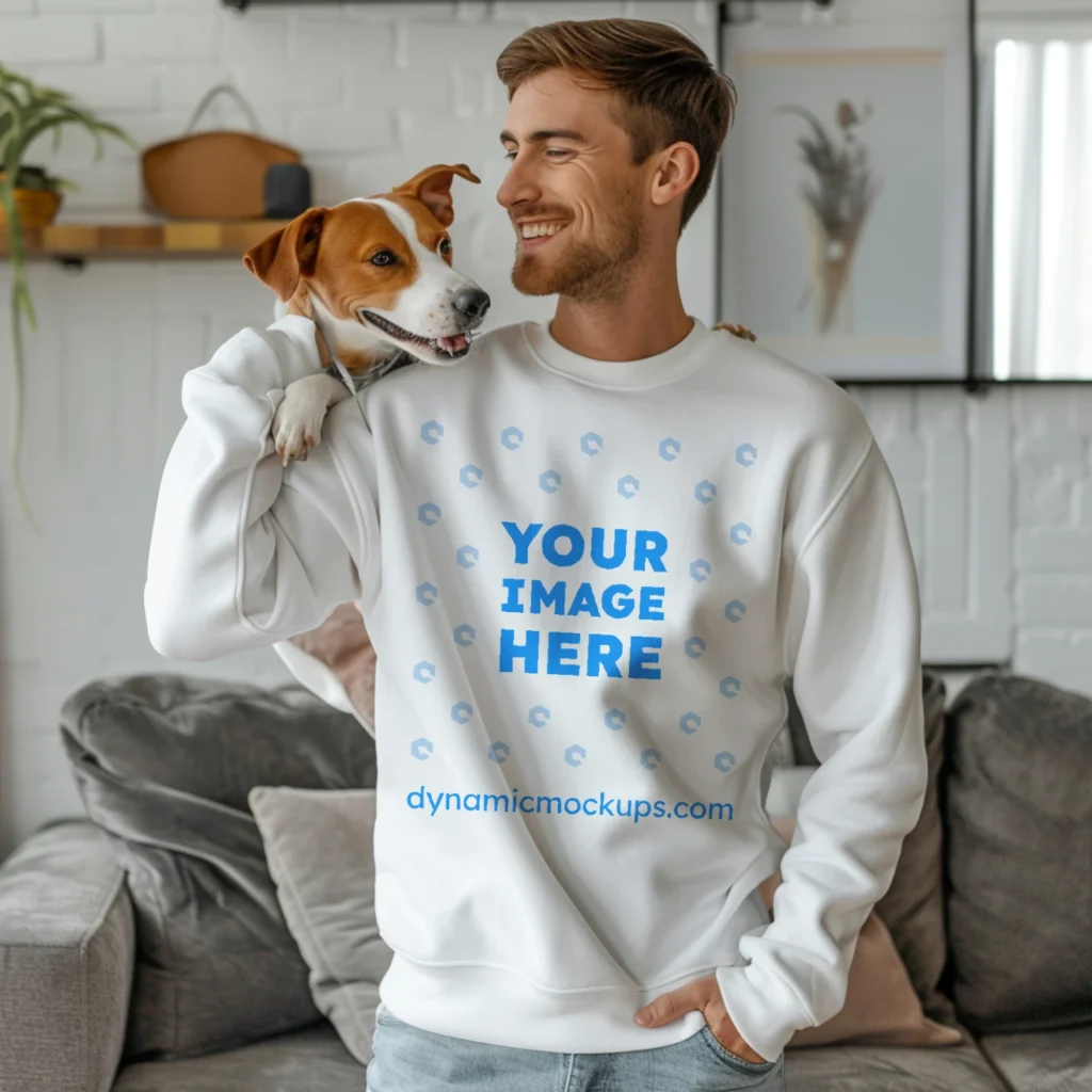 Man Wearing White Sweatshirt Mockup Front View Template