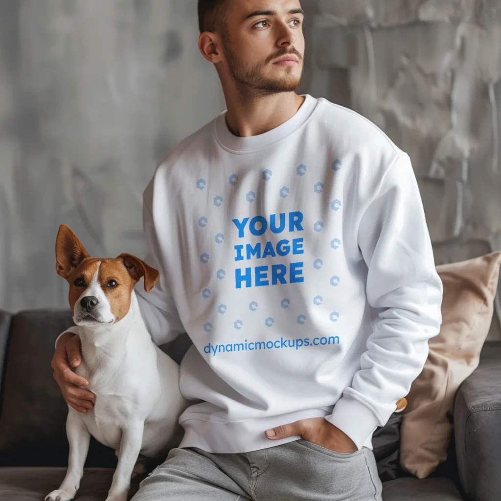 Man Wearing White Sweatshirt Mockup Front View Template