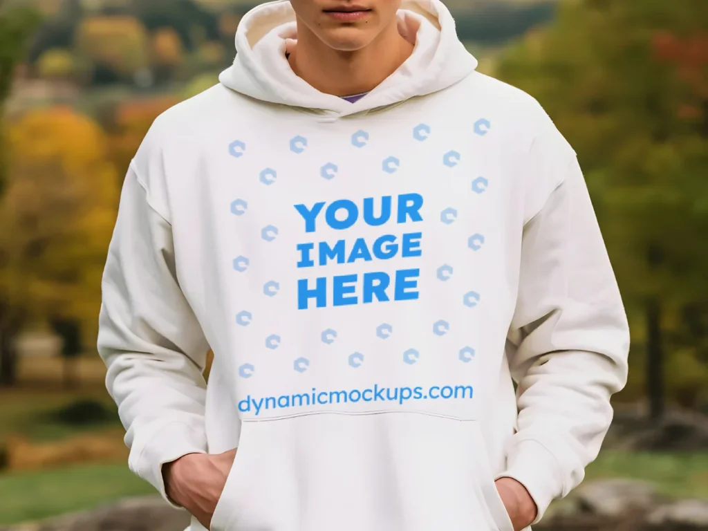 Man Wearing White Hoodie Mockup Front View Template