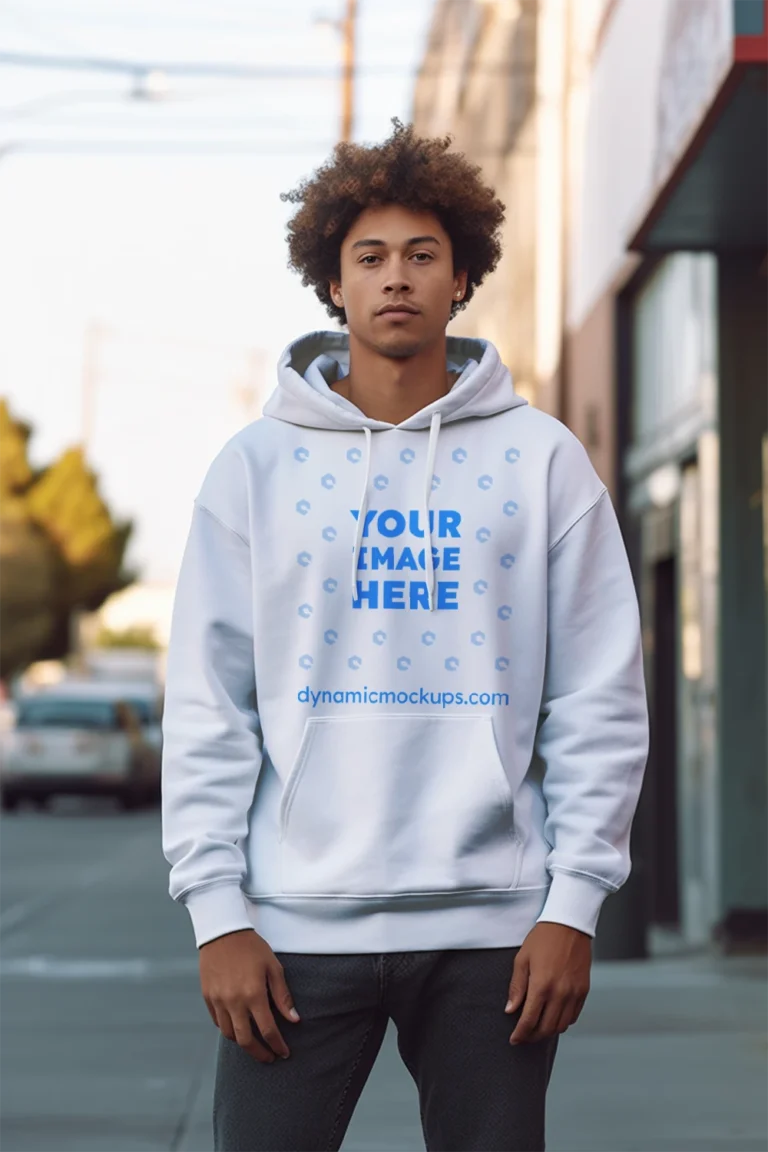 Man Wearing White Hoodie Mockup Front View Template