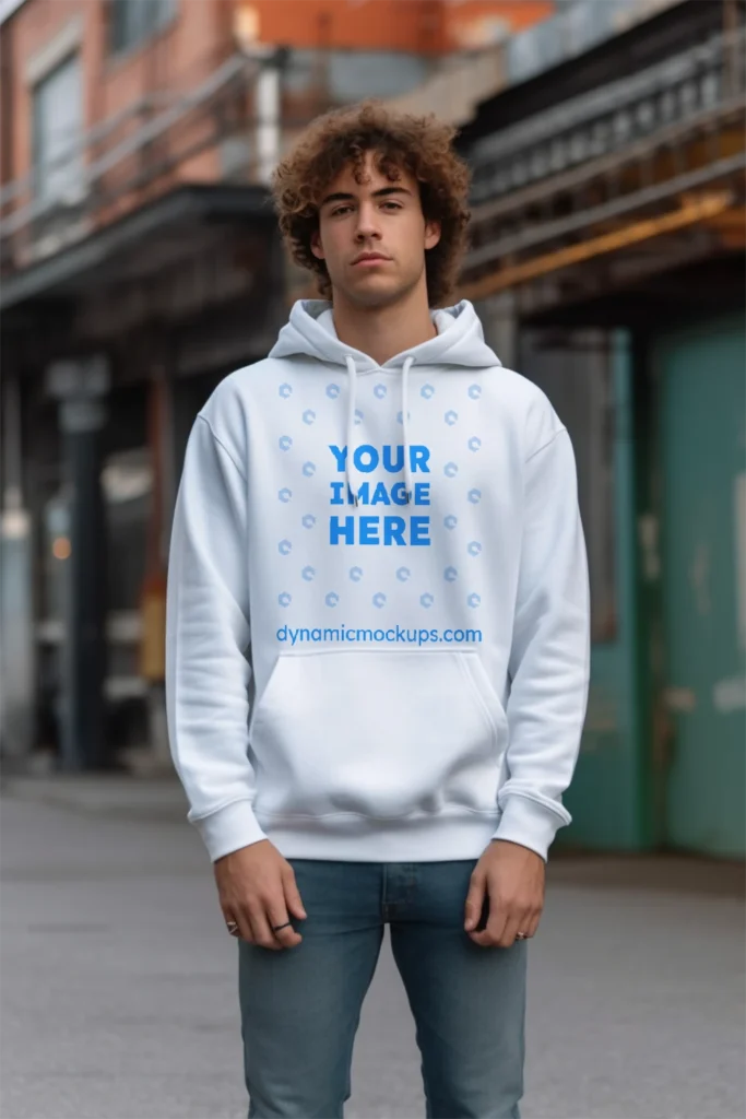 Man Wearing White Hoodie Mockup Front View Template