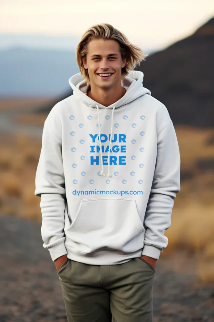 Man Wearing White Hoodie Mockup Front View Template