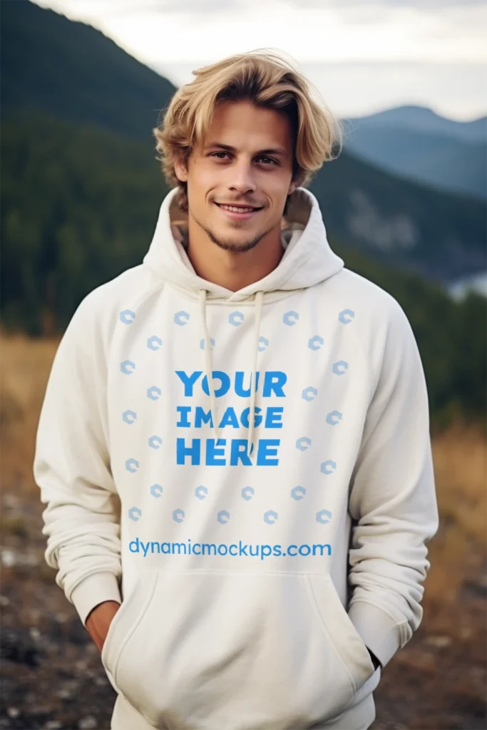 Man Wearing White Hoodie Mockup Front View Template