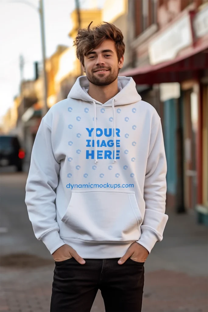 Man Wearing White Hoodie Mockup Front View Template