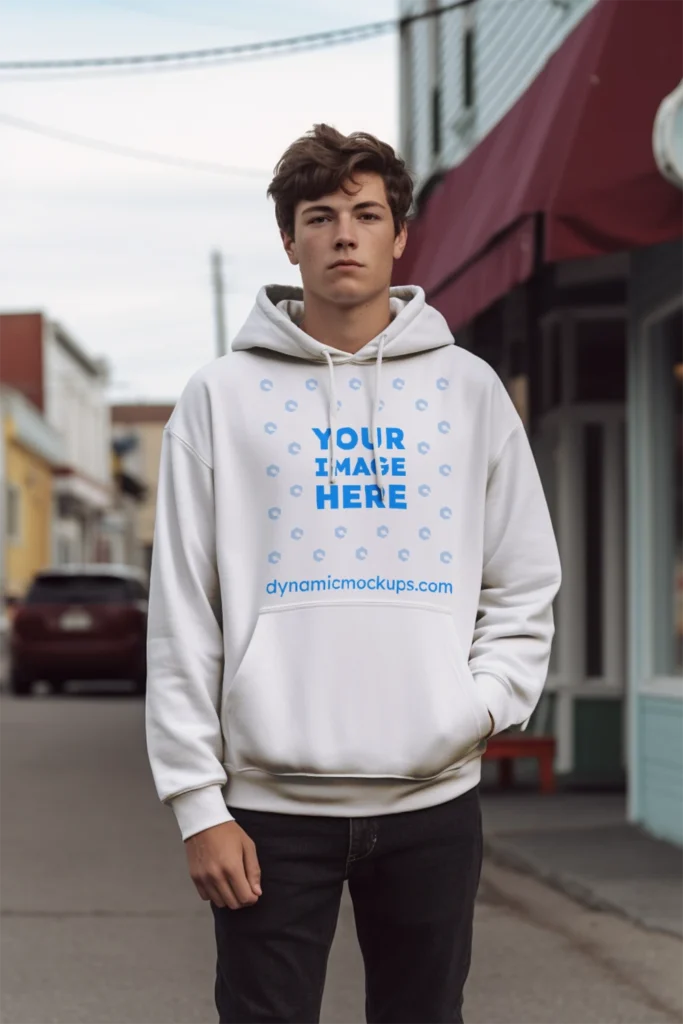 Man Wearing White Hoodie Mockup Front View Template