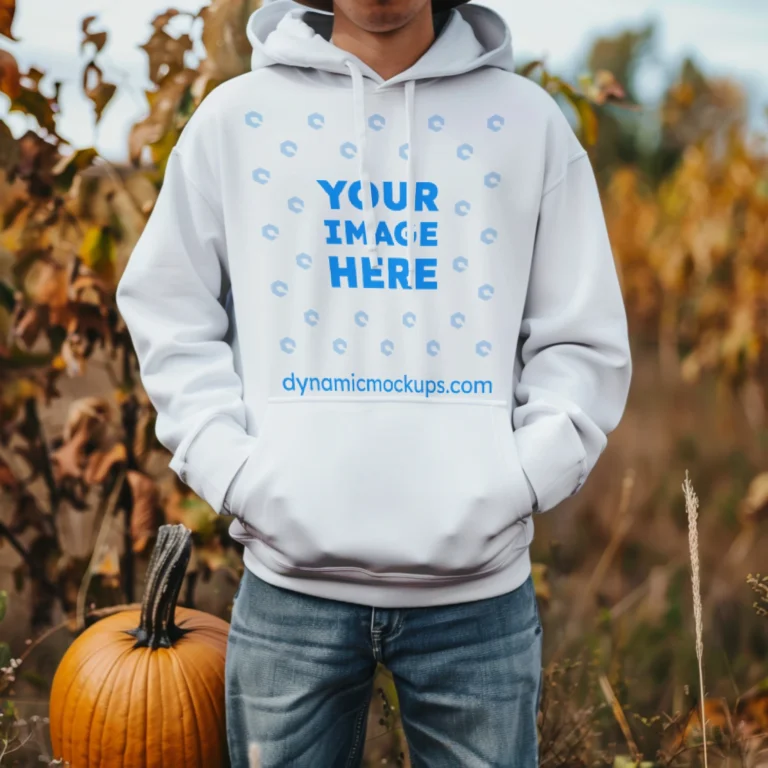 Man Wearing White Hoodie Mockup Front View Template