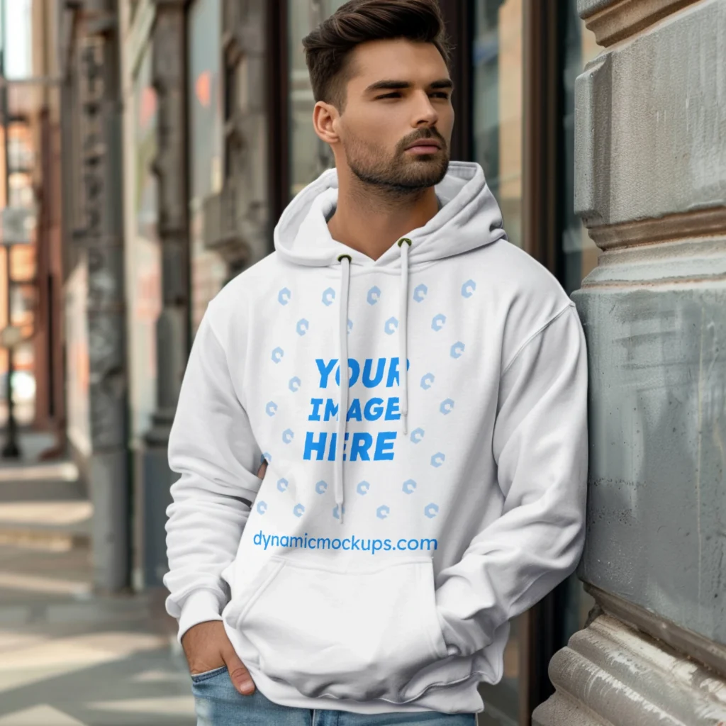 Man Wearing White Hoodie Mockup Front View Template