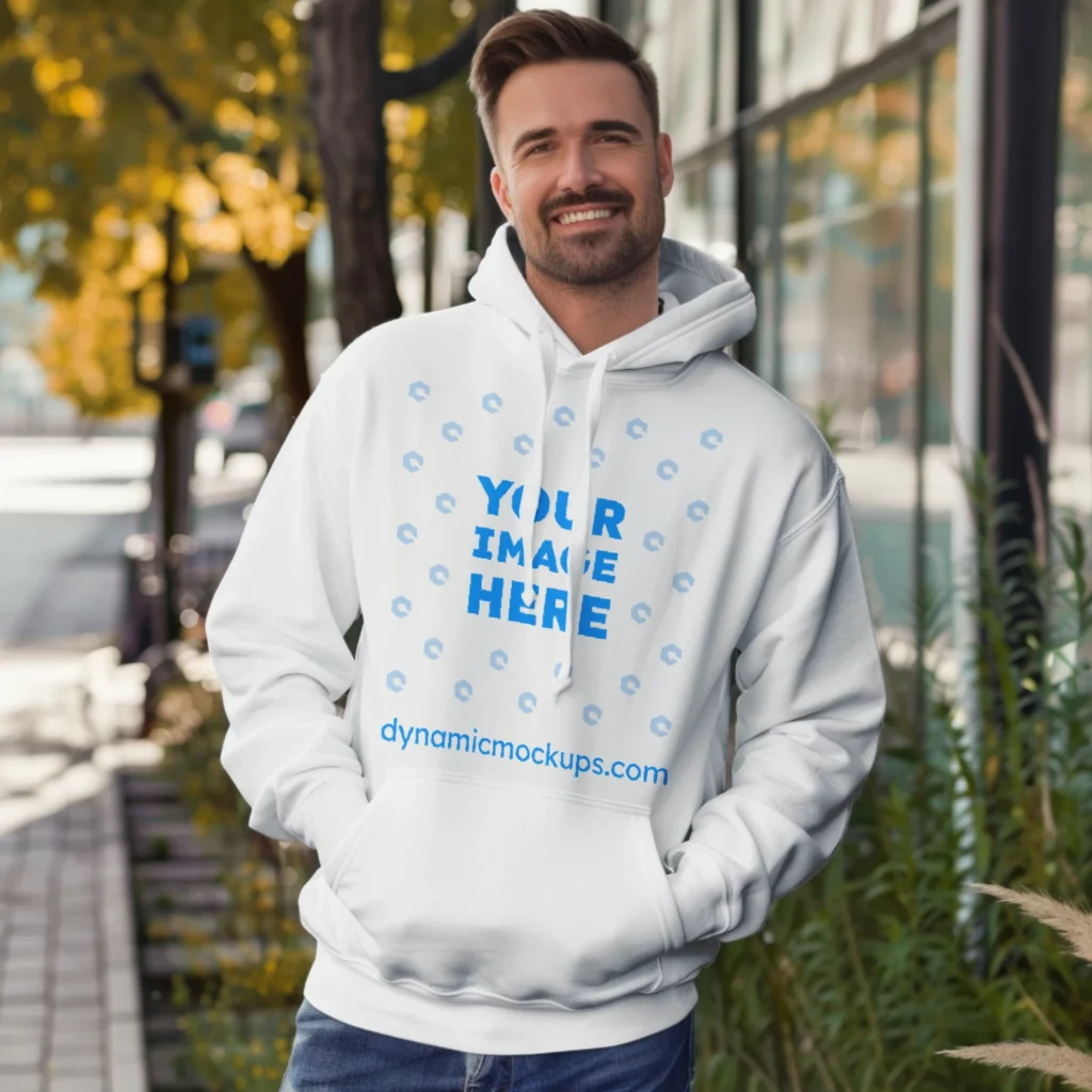 Man Wearing White Hoodie Mockup Front View Template