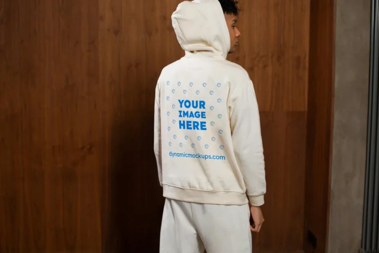 Man Wearing White Hoodie Mockup Back View Template