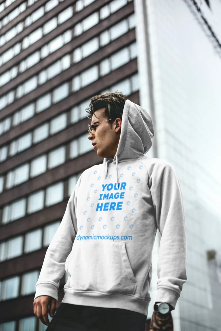 Man Wearing White Hoodie Mockup Front View Template