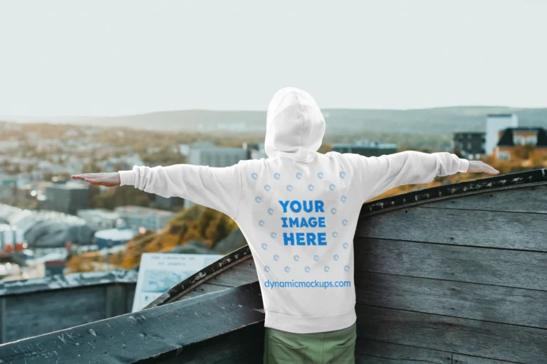 Man Wearing White Hoodie Mockup Back View Template