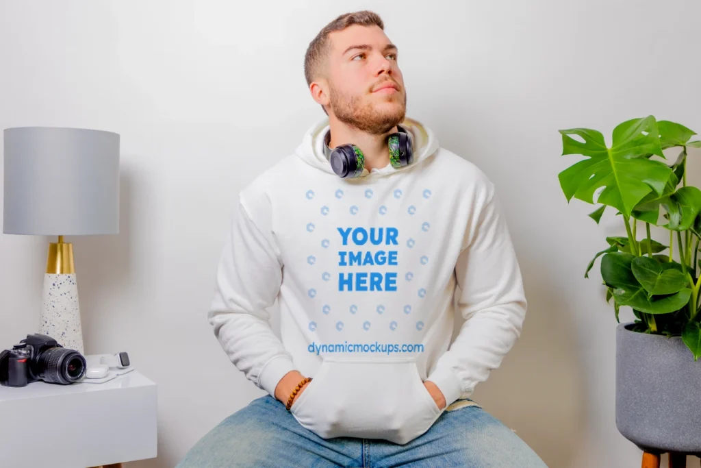 Man Wearing White Hoodie Mockup Front View Template