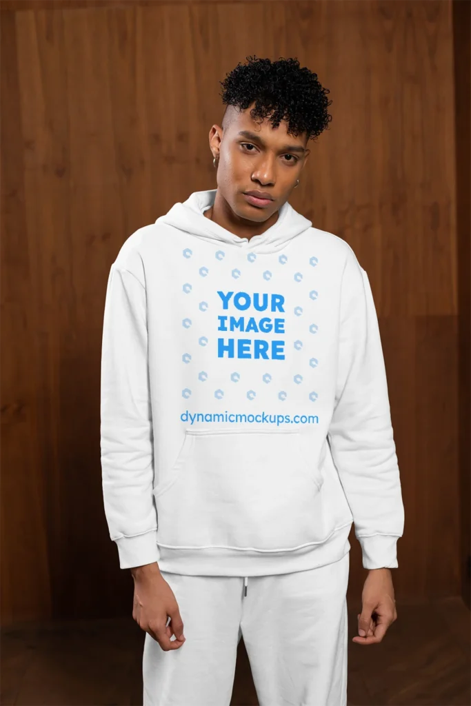 Man Wearing White Hoodie Mockup Front View Template