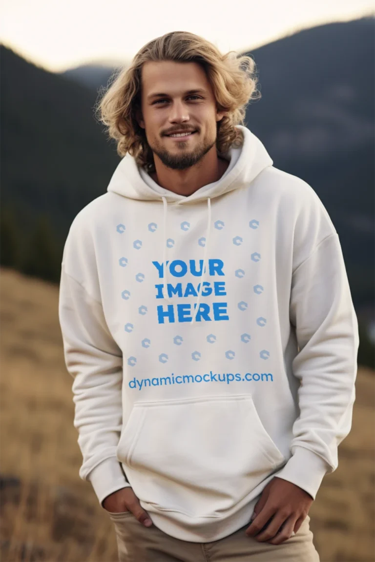 Man Wearing White Hoodie Mockup Front View Template