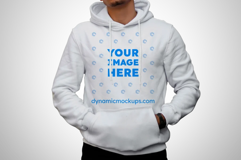 Man Wearing White Hoodie Mockup Front View Template