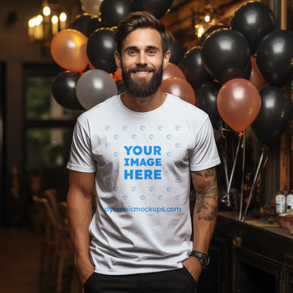 Man Wearing White T-shirt Mockup Front View Template