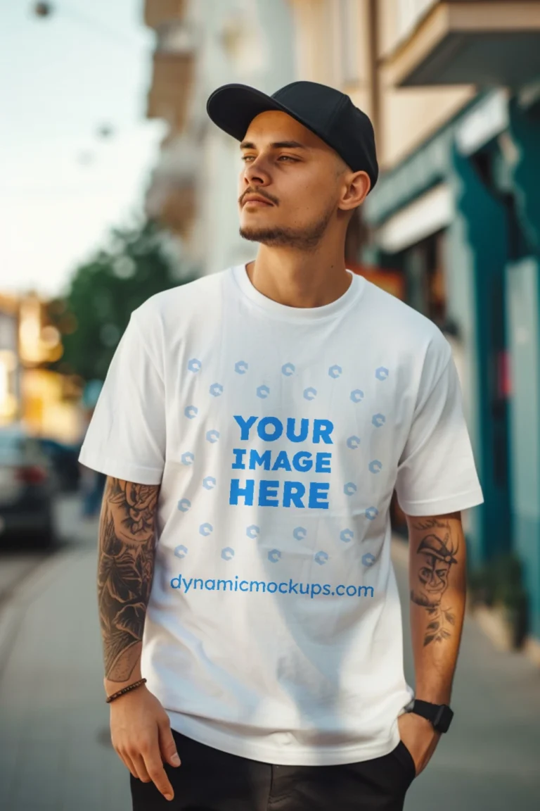 Man Wearing White T-shirt Mockup Front View Template