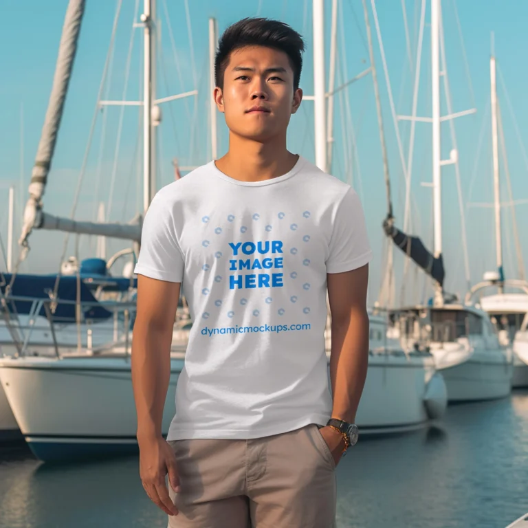 Man Wearing White T-shirt Mockup Front View Template