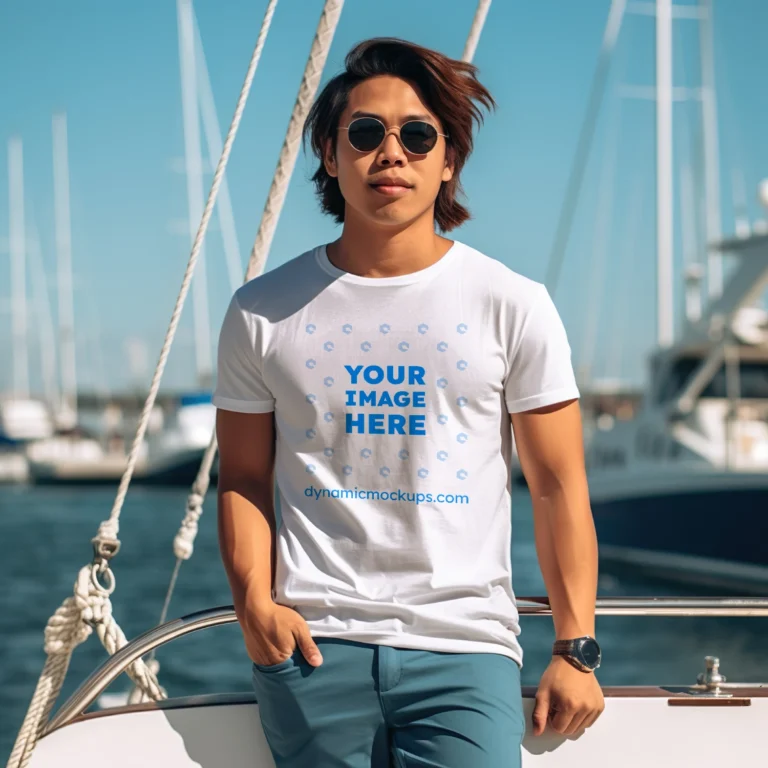 Man Wearing White T-shirt Mockup Front View Template