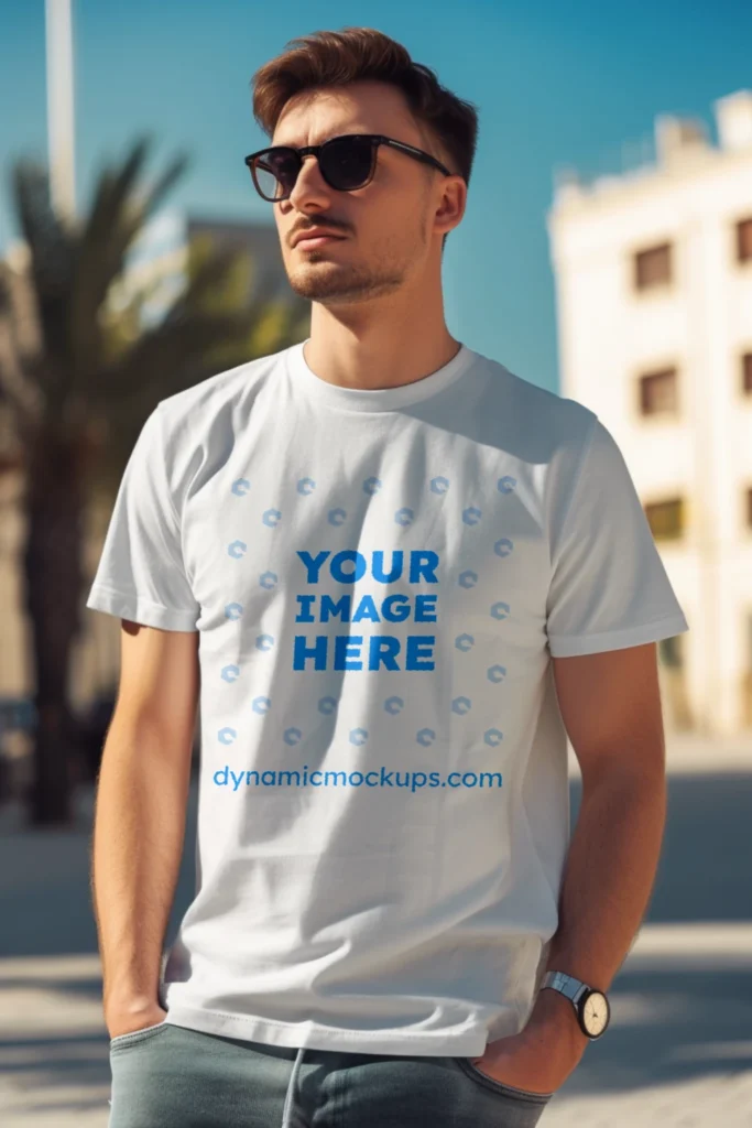 Man Wearing White T-shirt Mockup Front View Template