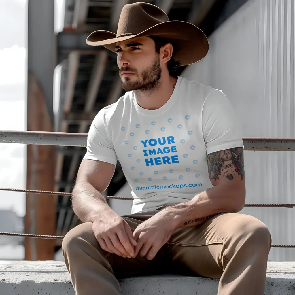 Man Wearing White T-shirt Mockup Front View Template