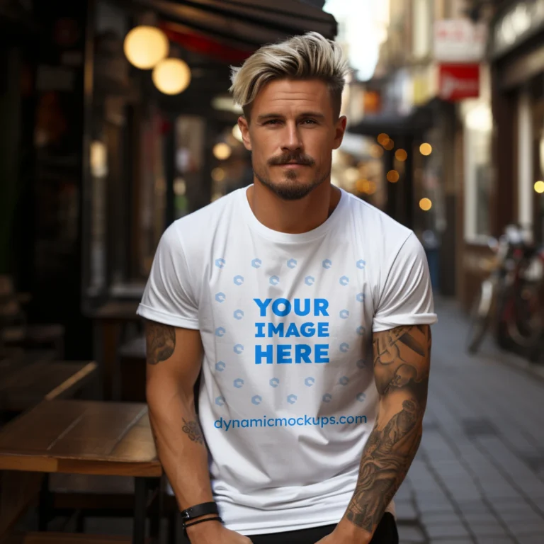 Man Wearing White T-shirt Mockup Front View Template