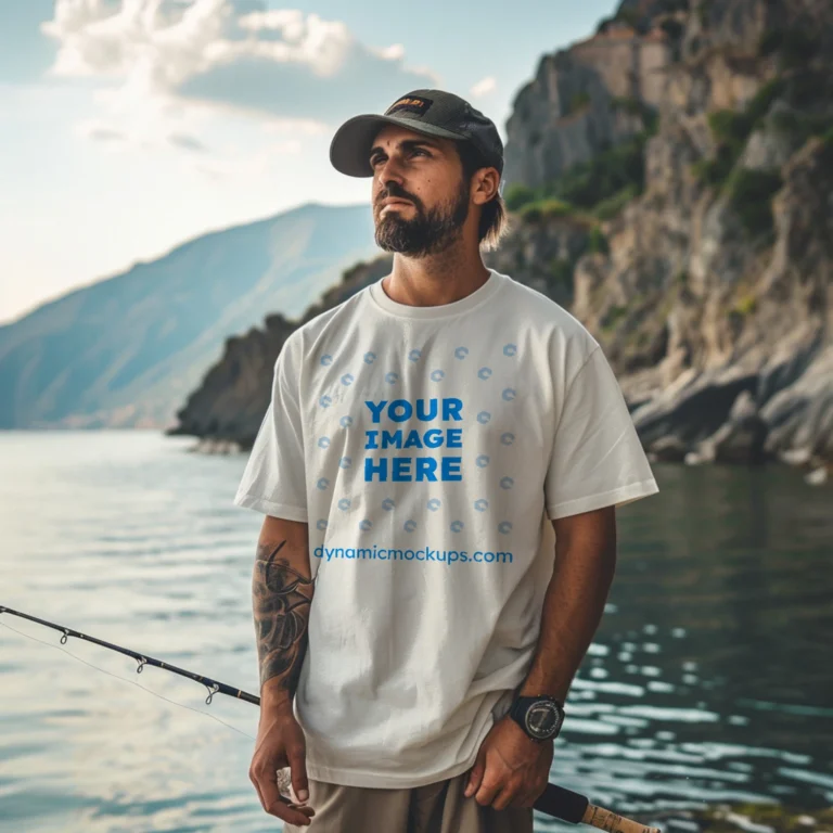 Man Wearing White T-shirt Mockup Front View Template