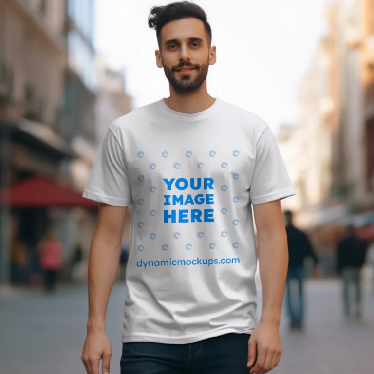 Man Wearing White T-shirt Mockup Front View Template