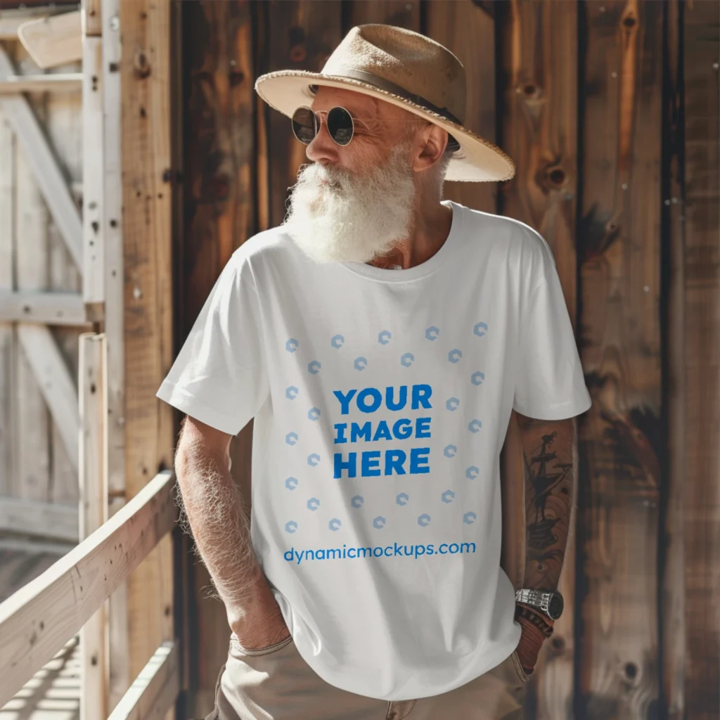 Man Wearing White T-shirt Mockup Front View Template