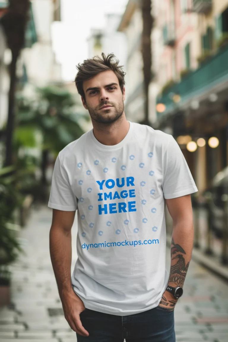 Man Wearing White T-shirt Mockup Front View Template